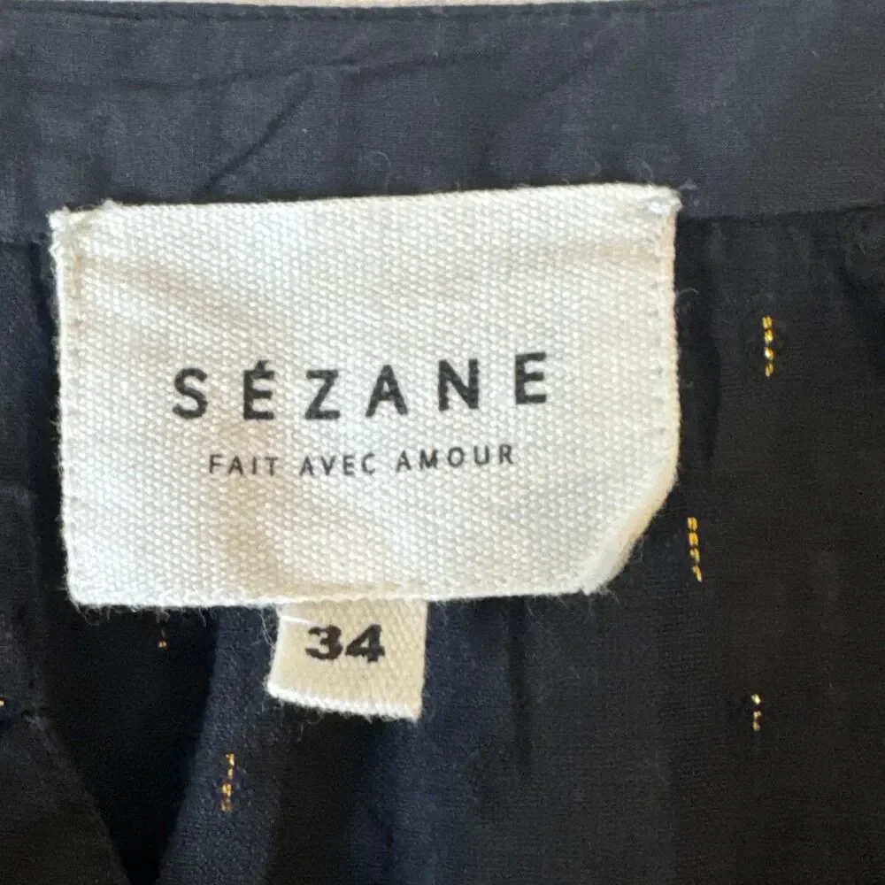 Sezane Black Blouse 34 US 2 Gold Metallic Accents Button Front Long Sleeve Chic